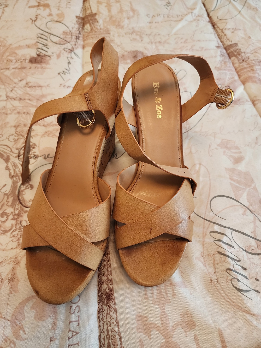 Eva & Zoe Tan Leather Wedge Sandals with Ankle Strap